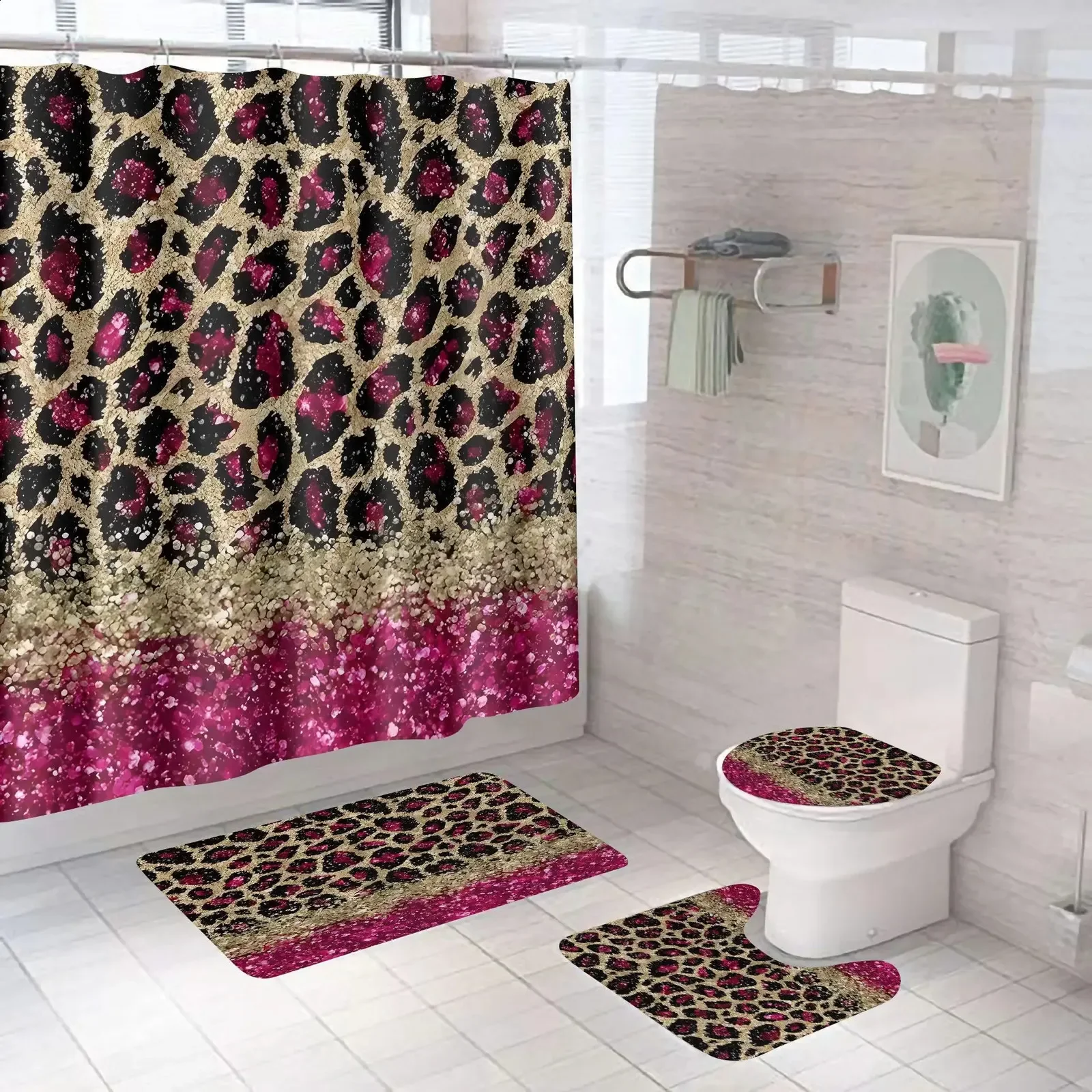 4 Pcs Leopard Shower Curtain Set Waterproof Fabric Bath Curtain Animal Non-Slip Bath Mat Toilet Lid Cover Bathroom Decor