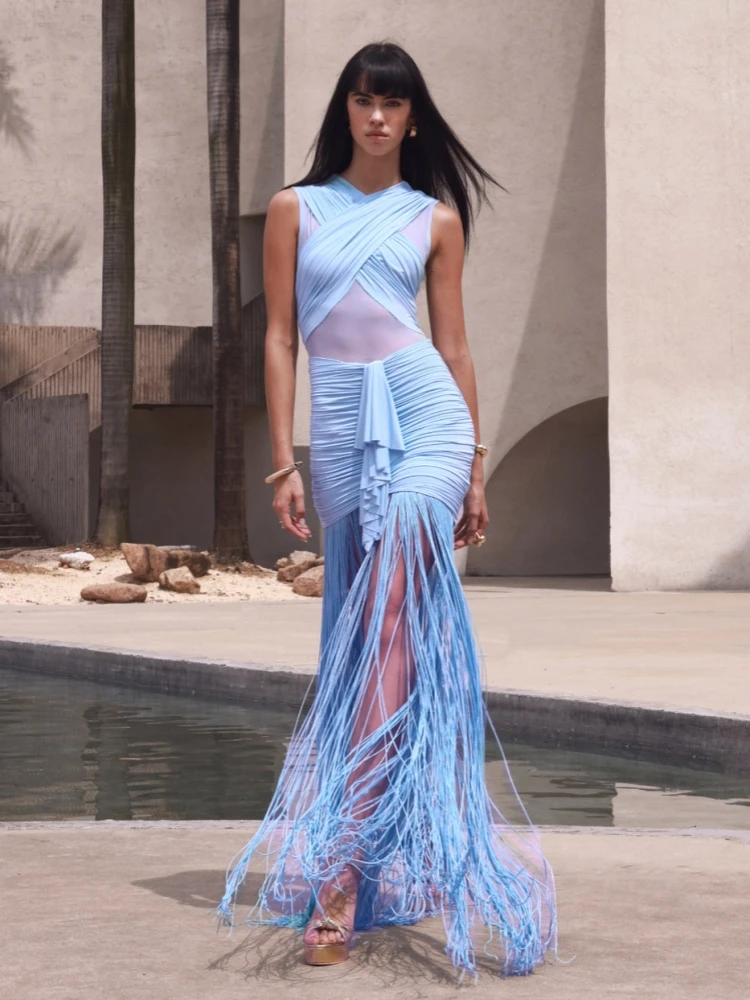 섹시한 홀터 메쉬 패치워크 태슬 주름 롱 드레스 여성용 블루 민소매 백리스 러치드 프린지 드레스 이브닝 파티 가운