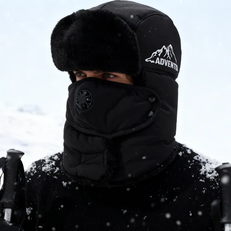FS Outdoor Windproof Ear Protect Bomber Hats For Men Keep Warm Neck Scarf Cap Black Red Thick Women Winter Hat With Mask Gorro