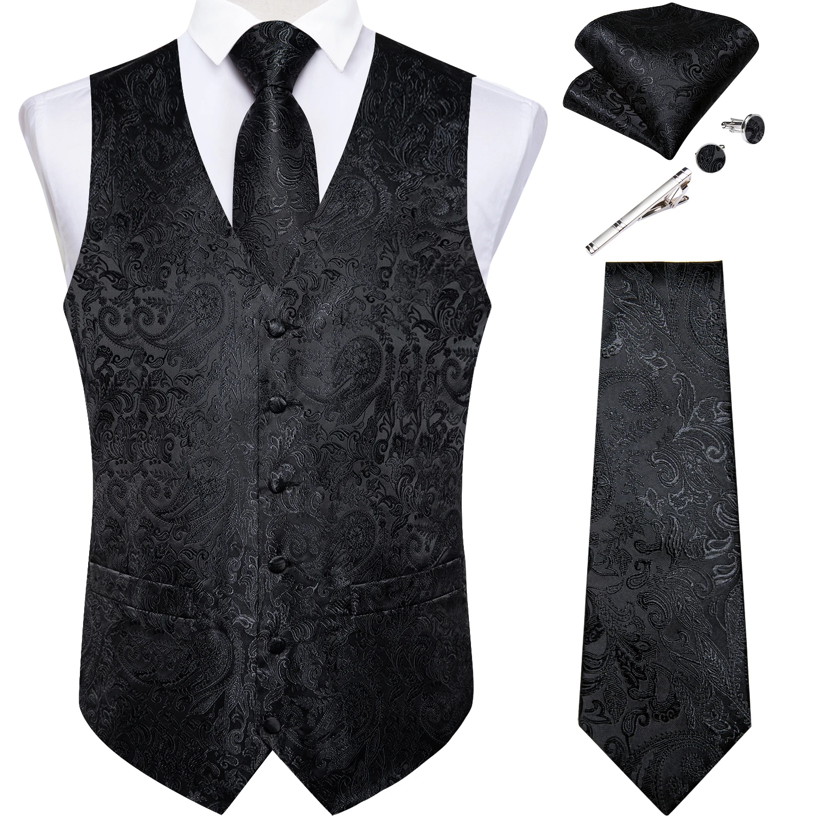 Suit Vest for Men Black Solid Paisley Wedding Prom Groom Jacquard Silk Waistcoat with Necktie for Tuxedo Men Clothing DiBanGu