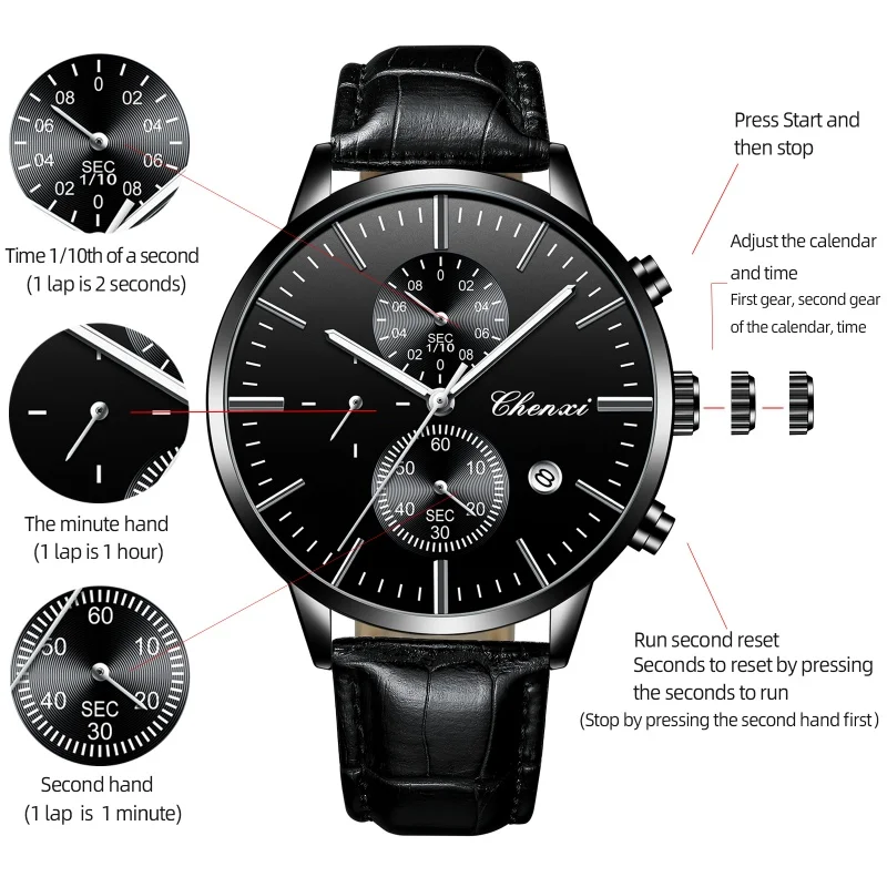 CHENXI 971 relojes de cuarzo a la moda para hombre, elegante correa de cuero, cronógrafo resistente al agua, calendario, reloj de pulsera informal luminoso para hombre