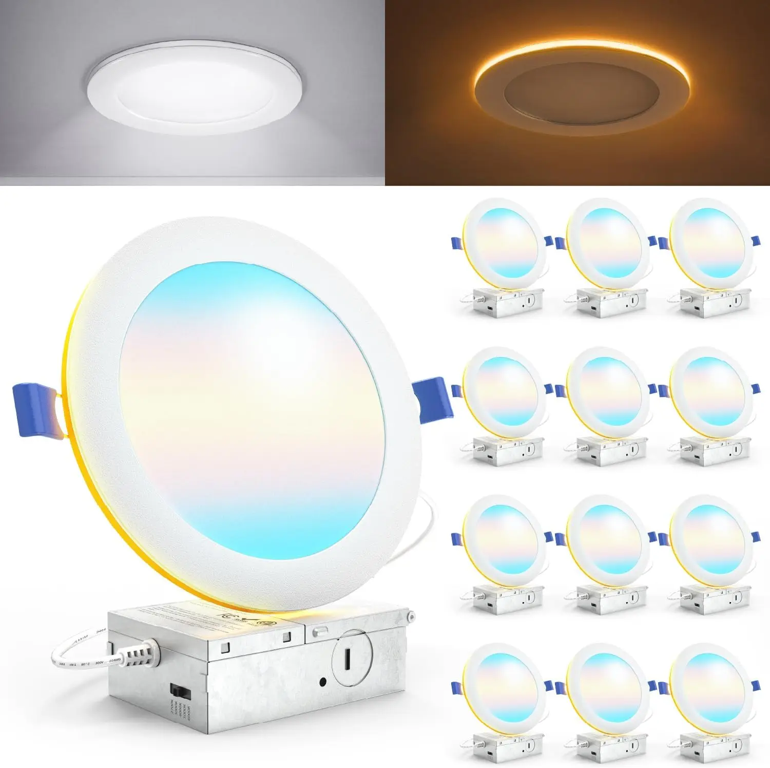 

6 Inch LED Recessed Light 12 Pack, Canless Design, 1500LM Dimmable with Night Light, Selectable CCT