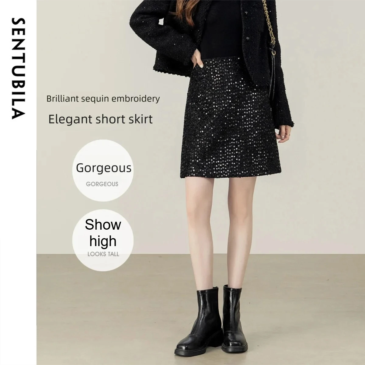 SENTUBILA Women's sequins Mini Skirt 2026 Autumn Winter High Waist Bright Silk Sequin Slim Fit Short Black Skirt Woman 154QA3463