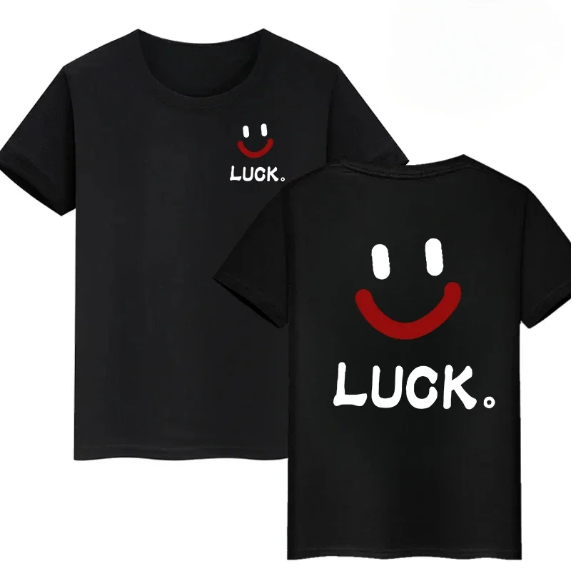 Kids Luck Smile Face Cotton T-Shirt, Boys Girls Front Back Print Casual Tee, Minimalist Letter  Summer Tops for Family Matching