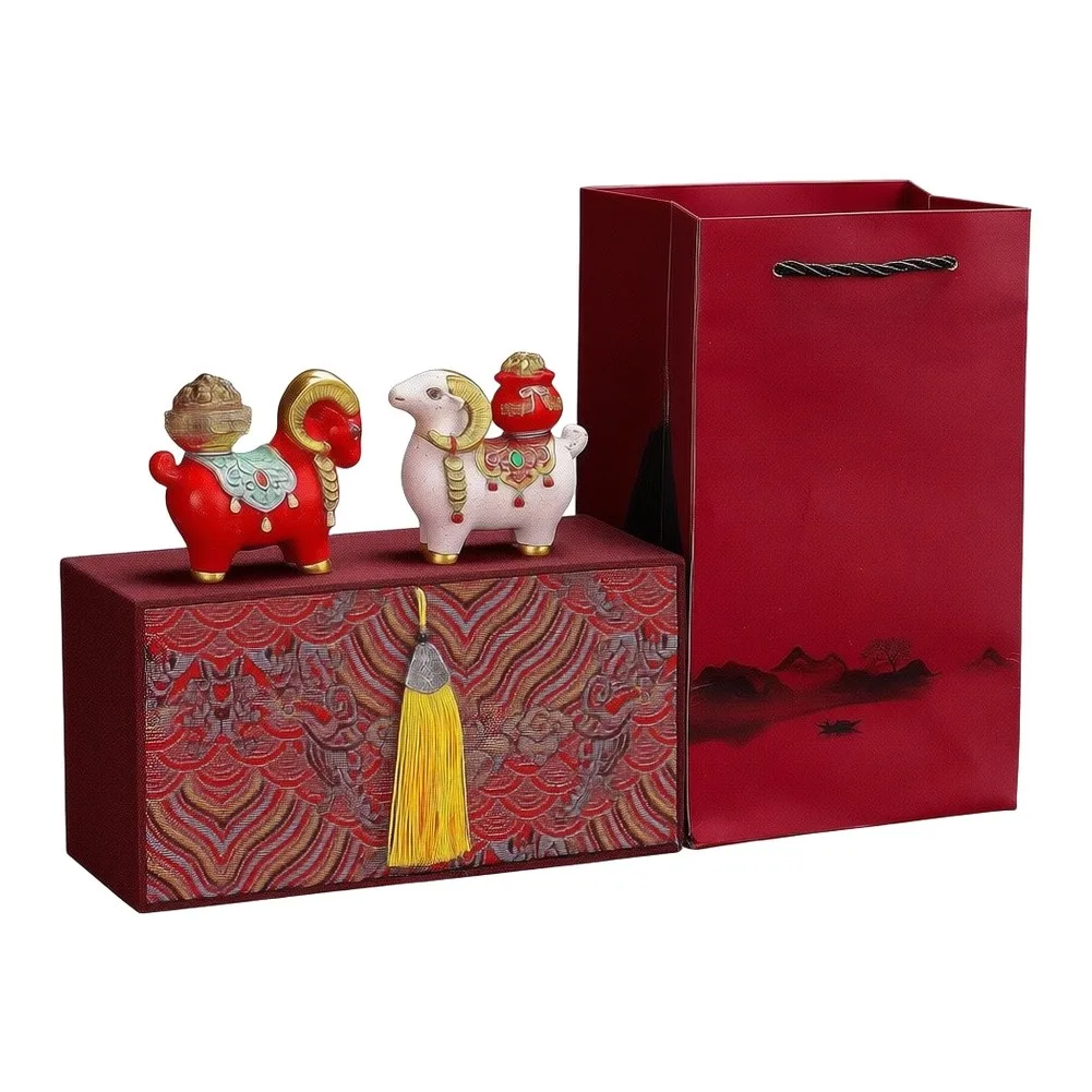 2PCS Rotating Sheep Figurines For Red White Resin Chinese New Year 2027 Wealth Goat Statue Home Office Desktop Decoration