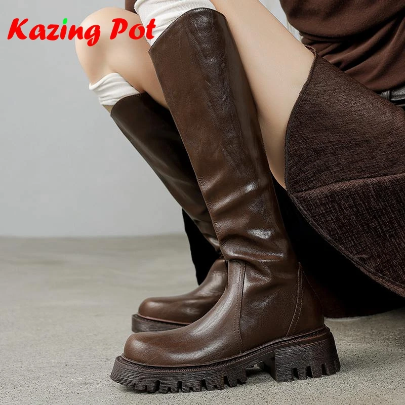 

Krazing Pot Cow Split Skin Round Toe Med Heel Non-slip Platform Riding Boots Warm Winter Shoes Black Brown Women Knee-high Boots