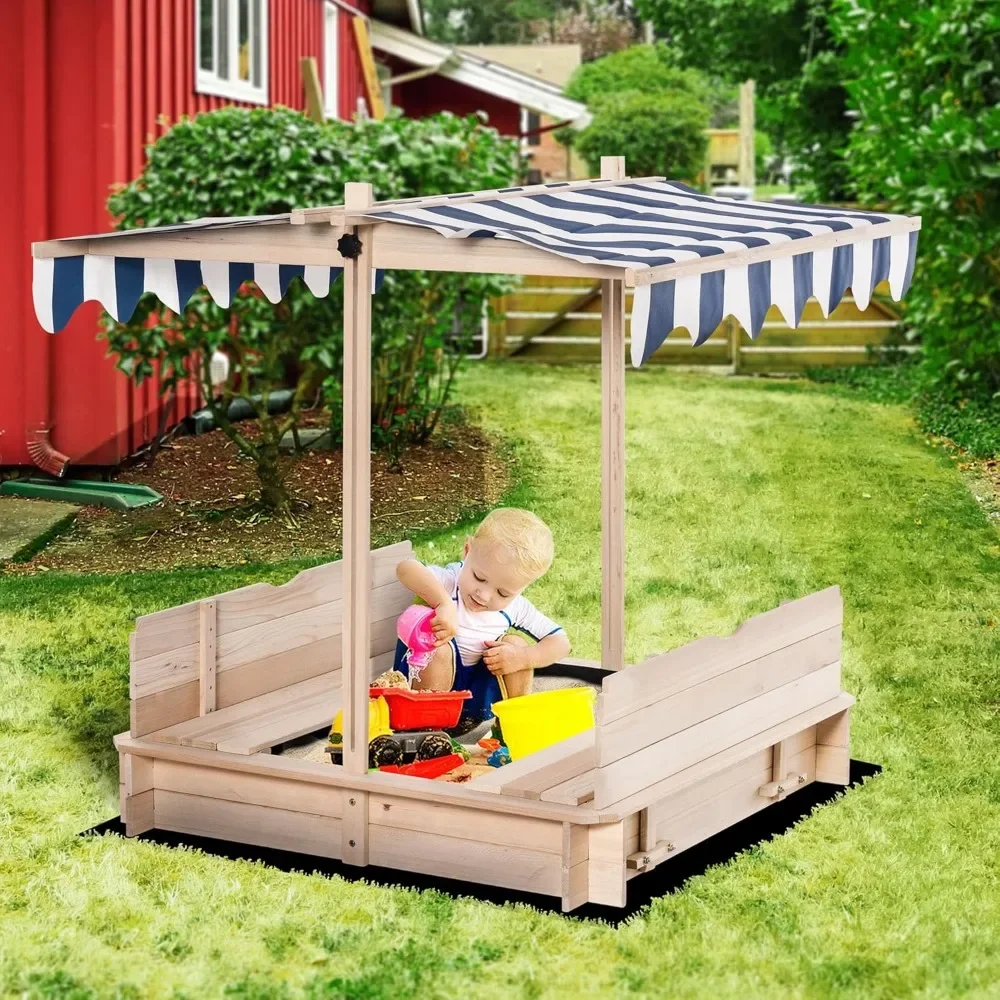 

Wooden Kids Sandbox with Cover, Children Outdoor Sand Box with Foldable Bench Seats, Adjustable Canopy, Bottom Liner for Outdoor