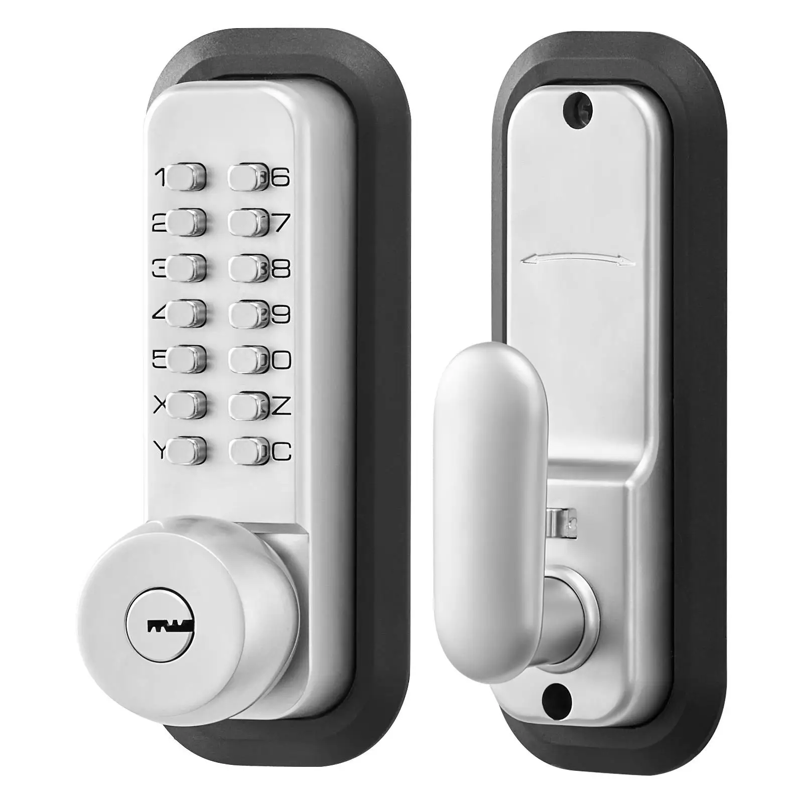 Mechanical Keyless Entry Door Lock with 2.0 Code Upgrade 4 to 7 Digits Single Sided Push Button Combination Keypad Door Knob Auto Locking for Indoor Outdoor for garden Gates Silver
