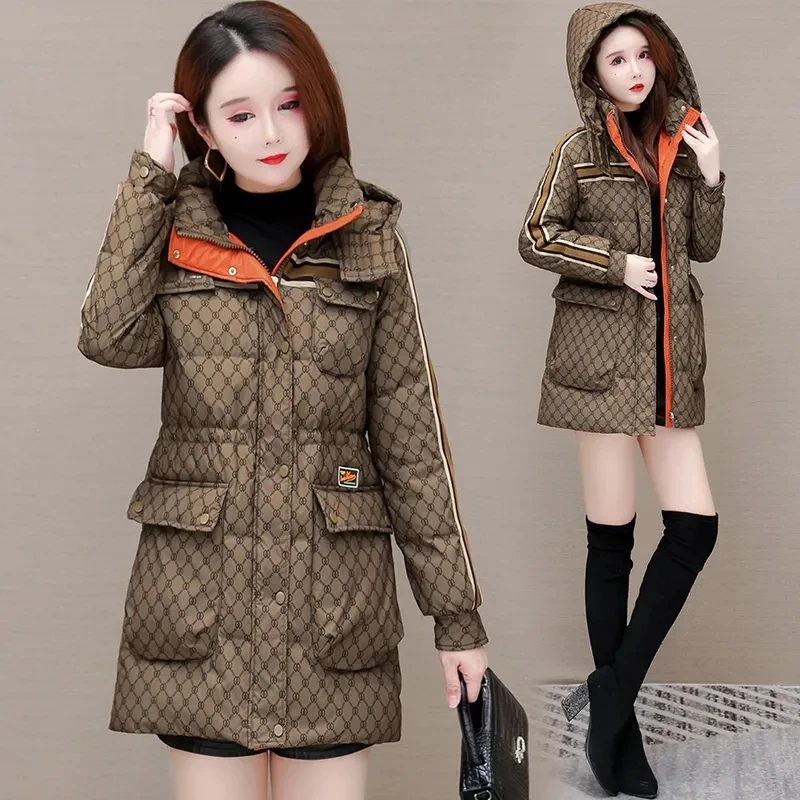 

Down Cotton Jacket Womens Long 2023 New Winter Fashion Western Style Thicken Parkas Female Loose Hooded Printing Padded Coat