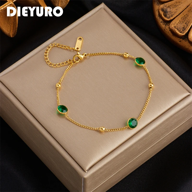 

DIEYURO 316L Stainless Steel Jewelry Green Zircon Charm Bracelet For Women New Fashion Girls Wrist Accessories Wedding Gift