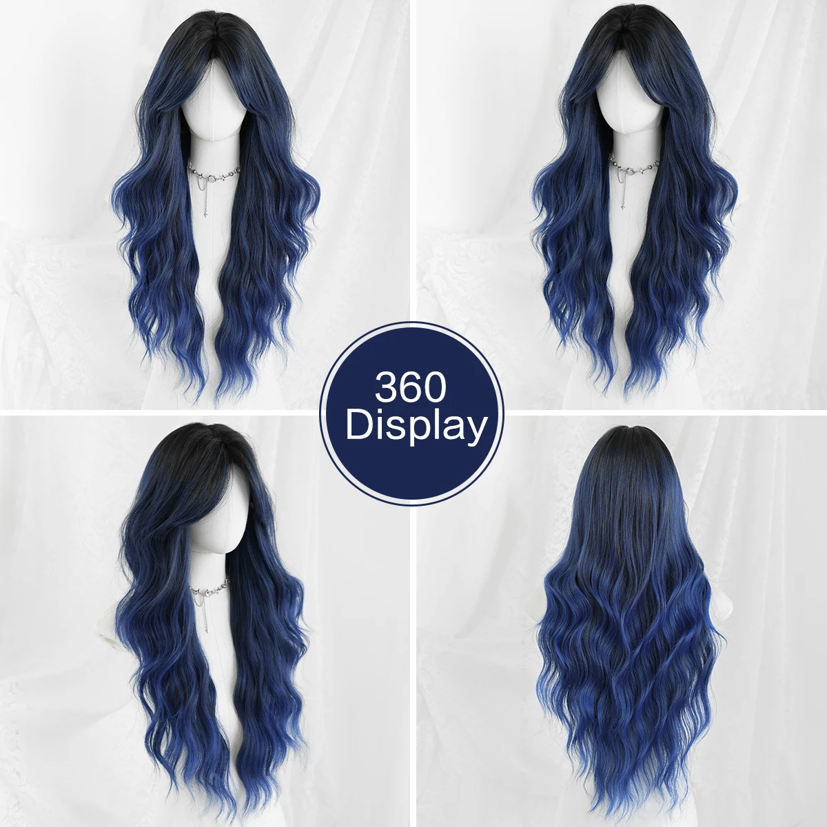 7JHH WIGS Long Water Wave Dark Blue Wig for Women Synthetic Modest Fashion Middle Part Wear and Go Wigs with Curtain Bangs - view 5