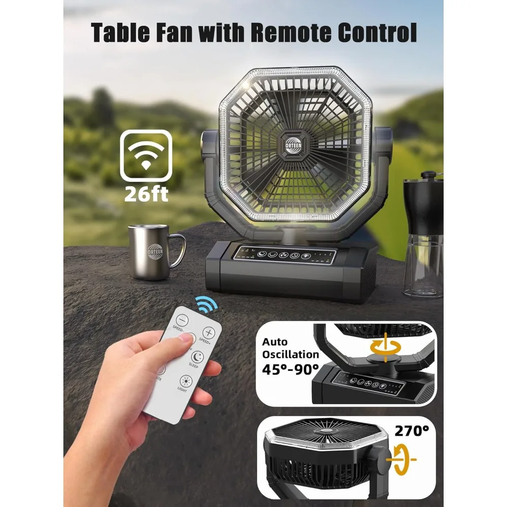 US Shipping Portable Rechargeable Fan 9-Inch Camping Fan for Tent 24000mAh Battery Operated Fan with Remote Light Auto