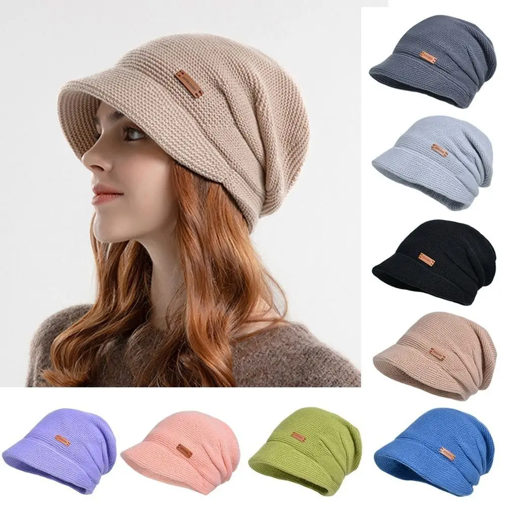 Casual Soft Knitted Hat Short Brim Thickened Beanies Fleece Lined Windproof Ear Protection Women Girl