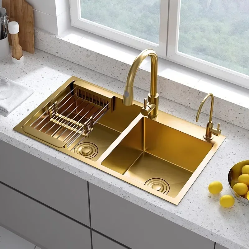 'Kitchen Sink Above Counter or Undermount 304 Stainless Steel double Bowl Golden Basket Drainer Soap Dispenser Washing Basin