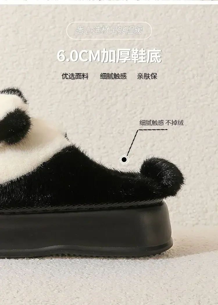 Mulheres inverno panda chinelos 2025 novos sapatos de casa de pelúcia senhoras chinelos de plataforma peluda senhoras antiderrapantes chinelos de algodão de salto alto