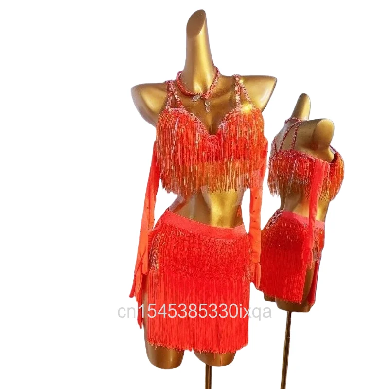 

LatinDance Costume AB Stone Female Adult Children High-End Customized Orange Bead Tube Tassel Samba Performance Rhinestone Dress