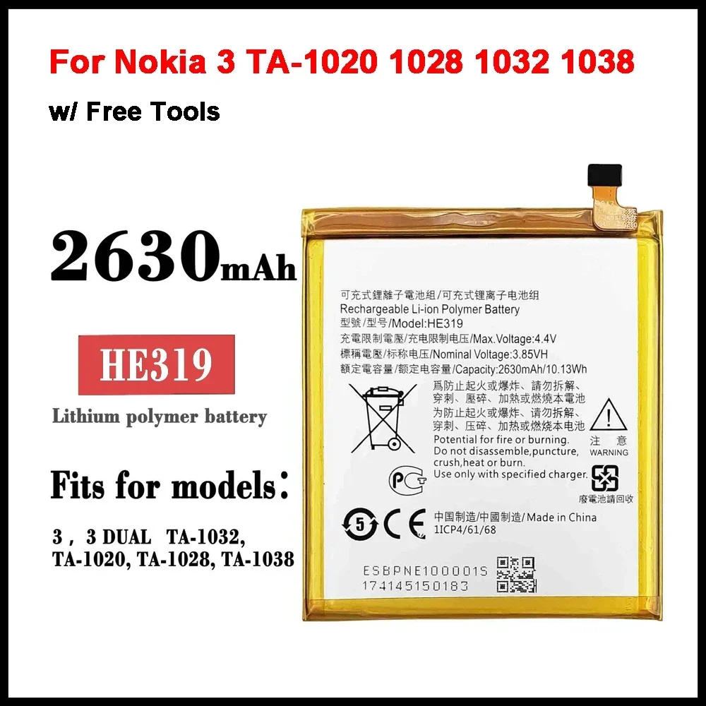 

HE319 2650mAh Battery For Nokia 3 TA-1020 1028 1032 1038 Lithium Polymer Batteries + Tools