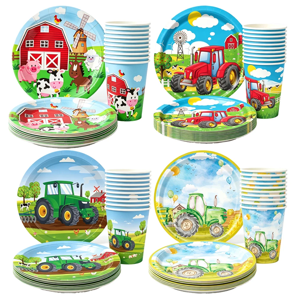 10-50Pcs Farm Theme Party 7inch Paper Plates Cups Tractor Farm Animals Disposable Tableware Barnyard Farm Birthday Party Decor