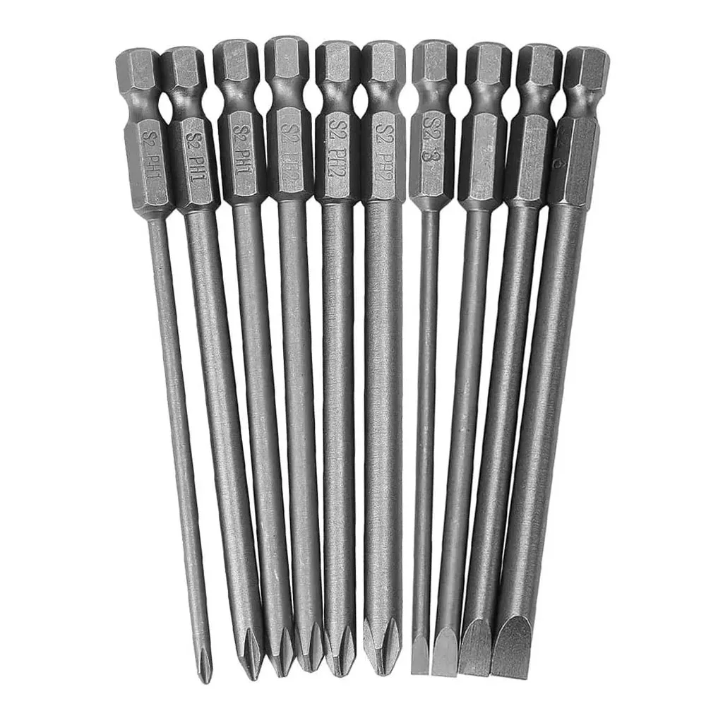 

10 шт. 1/4 "набор отверток с шестигранным хвостовиком, набор бит с плоской шлицевой крестообразной головкой, S2, стальная магнитная отвертка для силовой отвертки