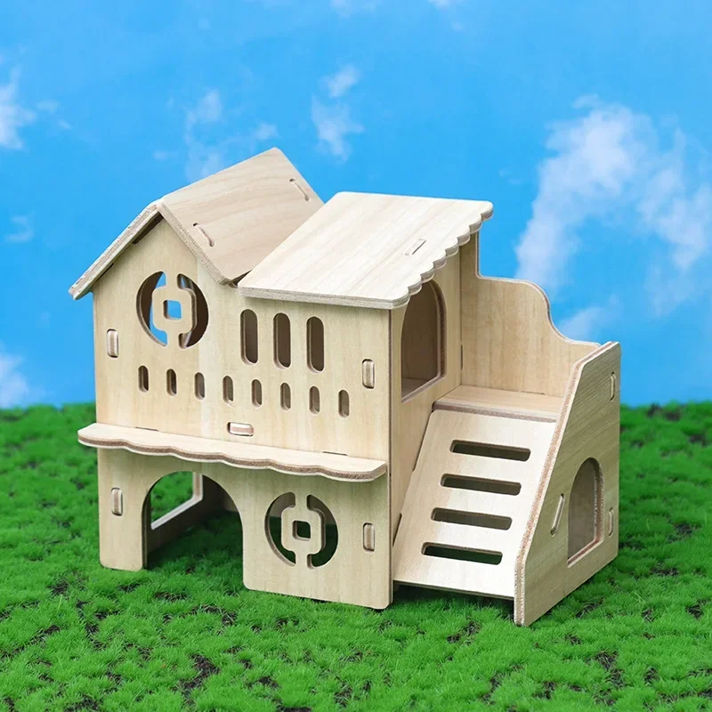 Wooden Hamster Nest Toys Hamster Squirrel Solid Wood Hamster Cage Supplies Wooden Running Wheel Villa Ornament Landscape Toys