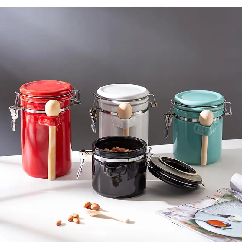 Ceramic Sealed with Cover Kitchen Storage Container Food milk powder coffee bean Tea Box Deliver Wooden Spoon