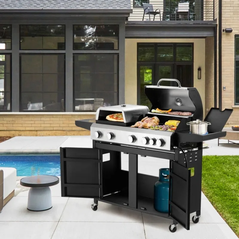 

EROMMY 5-Burner 74, 000 BTU Propane Gas Grill with Pizza Oven & Side Burner, Barbecue Grill with Wheels for Outdoor Cooking