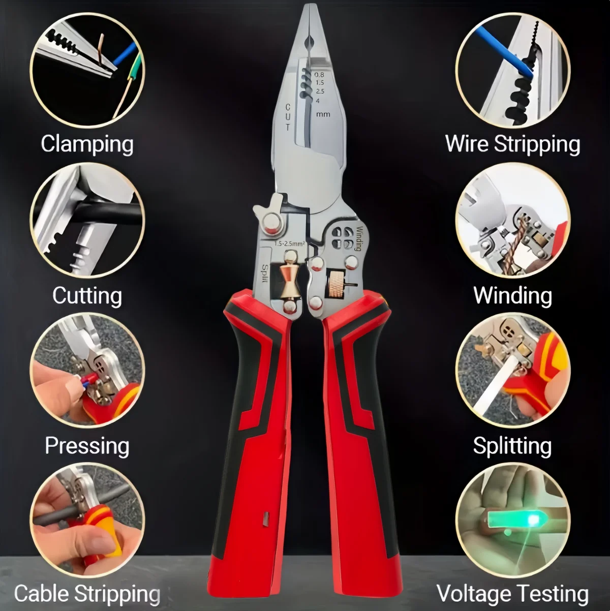 

8-in-1 Multi-function Wire Stripper Electricians Voltage Tester,Wire Stripping Tool Cutting Scissors Crimping Pliers