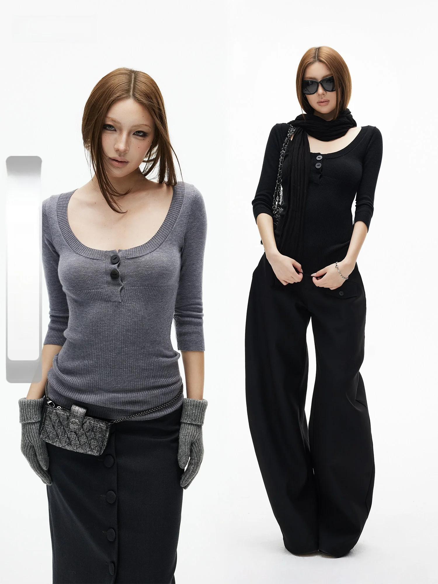 

Skin-friendly Elastic Knitted Slim-fit U-ne Henry Collar Seven-quarter Sve Classic Double-color Women's Topiamxiaa