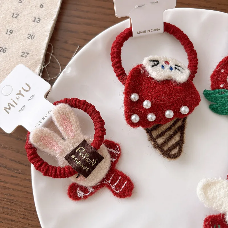 

Kids Bunny Hair Ties Wool Knitted Red Scrunchies for Girls Soft Ponytail Bands Daily Use School Accessories
