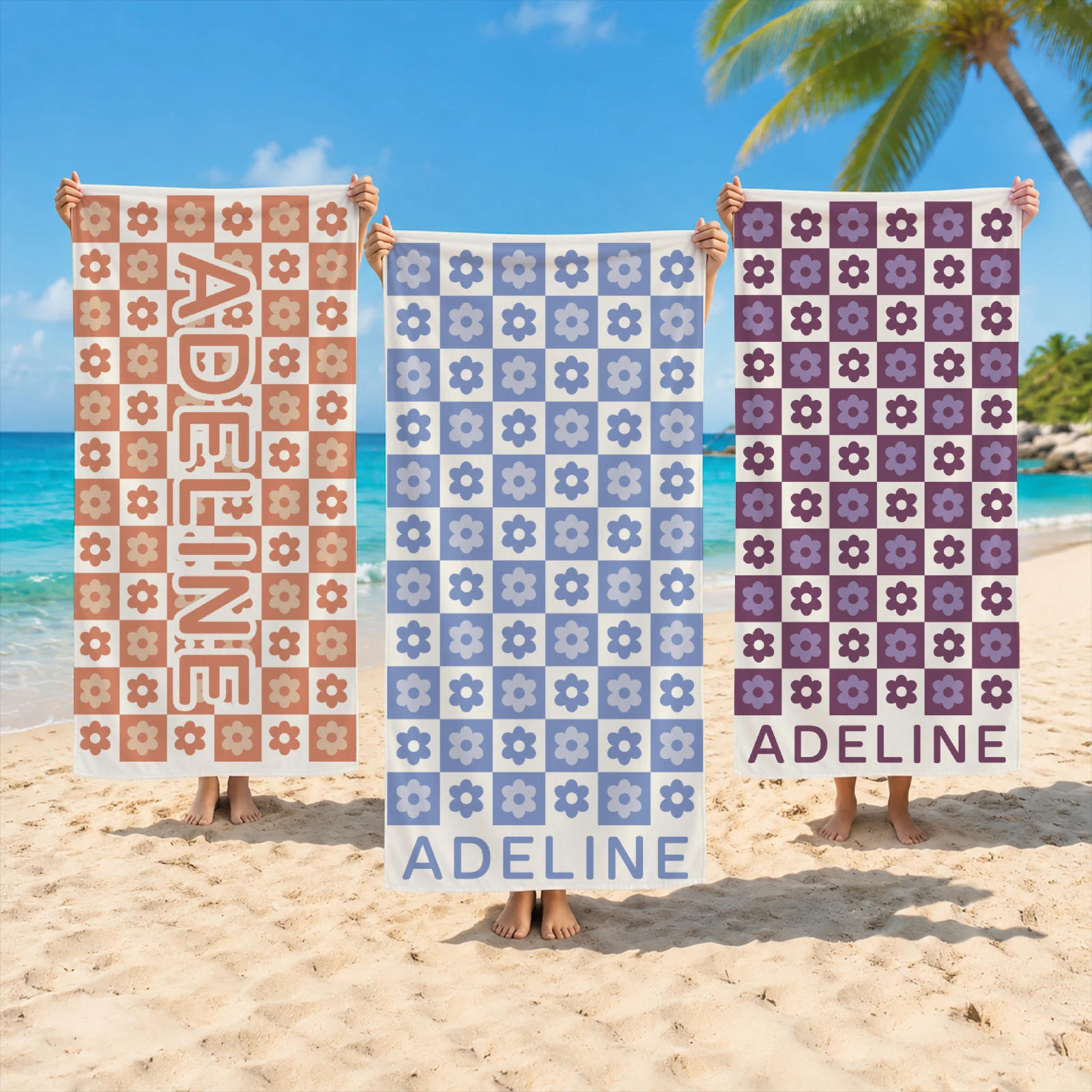 Custom Name Purple Checkered Daisy Beach Towel, Personalized Retro Floral Checkerboard Bath Towel, Customized Name Gift for Girl