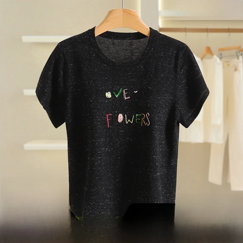 Suéter E de Malha Fina com Decote Redondo e Manga Curta Bordado com Letras Moda Fena Top de Outono Confortável Cor...