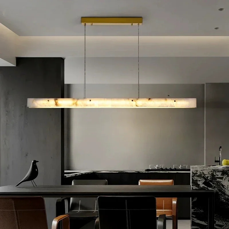 Luxury Natural Marble LED Chandelier Long Strip Pendant Light for Home Dining Table Bar Shape Stone Hanging Lamp Decoration