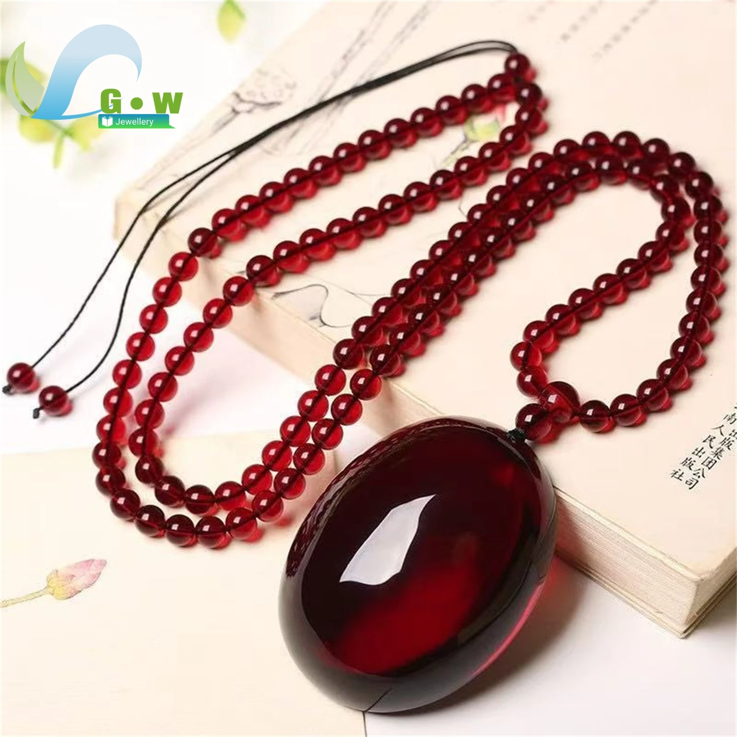 Natural Wine Red Cabochon Pendant Long Sweater Chain Unisex Simple Daily Classic Chinese Style Jewelry Gift
