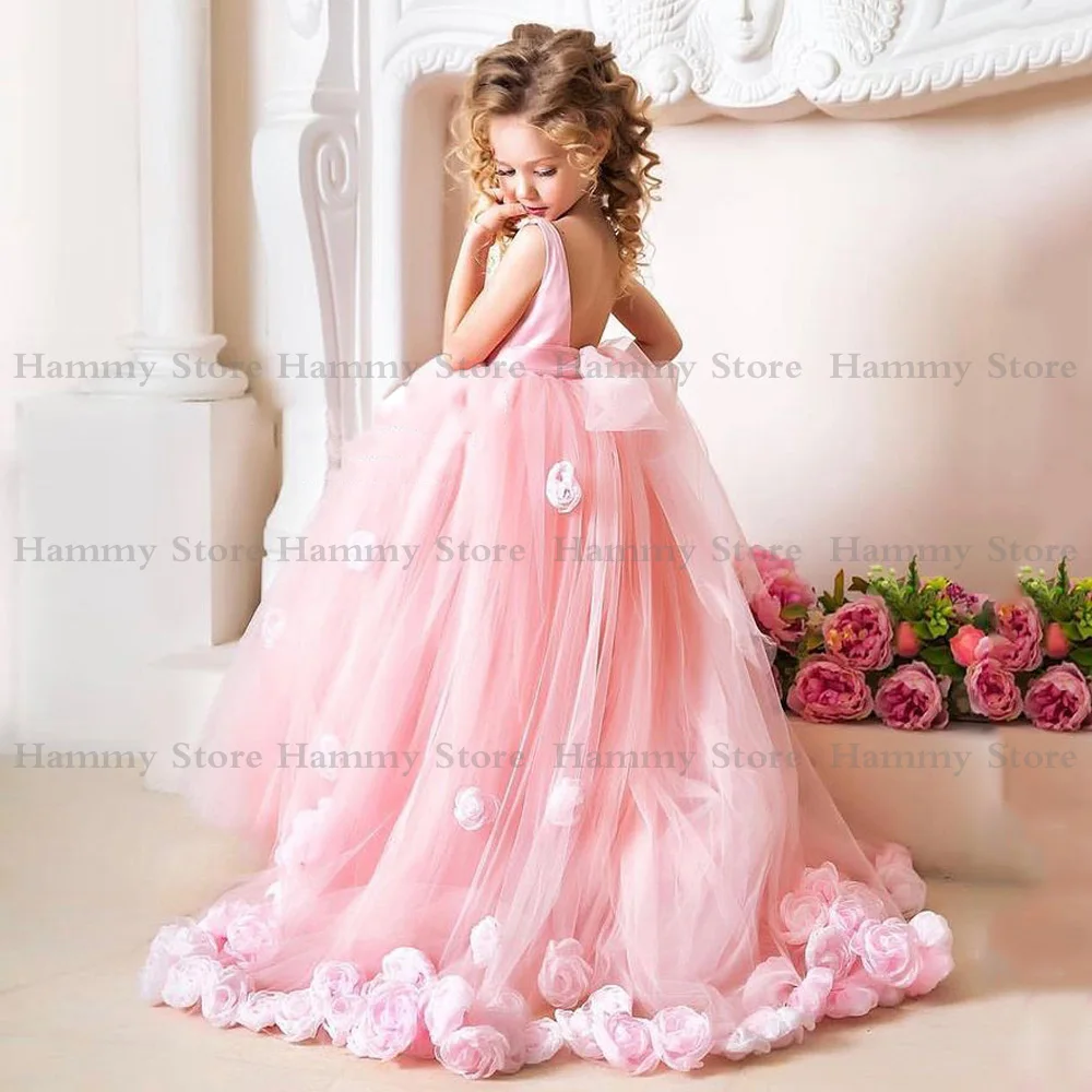 Adorável rosa flor menina vestido sem mangas colher 3d flores bola vestido de festa de natal vestido para o aniversário primeiro comunhão vestido