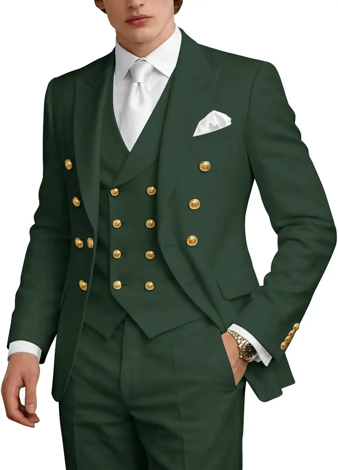 

Men's 3 Piece Double Breasted Suit with Gold Button Slim Fit Suits for Men Wedding Prom Jacket Vest Pants Set