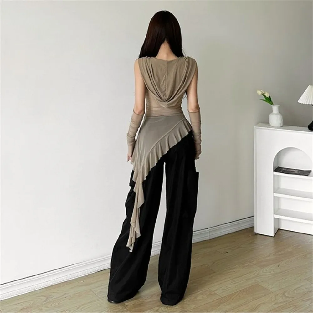 

Корейская футболка Y2K Ins с сетчатым поясом в виде медузы, плиссированная сетчатая футболка с талией, облегающие топы, прозрачные с открытыми плечами