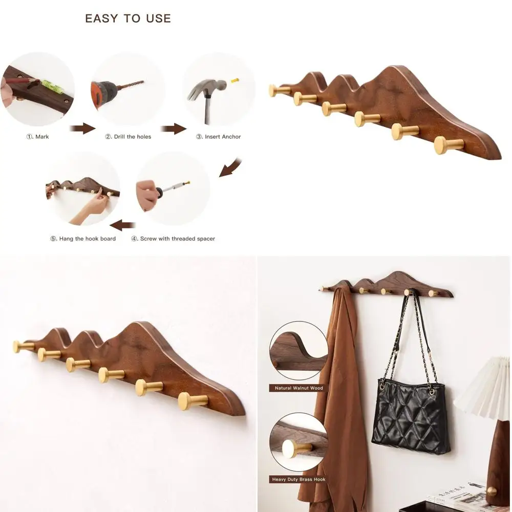 

Настенная деревянная вешалка для одежды с 6 золотыми латунными крючками, 23,6 дюйма, декоративный органайзер для прихожей для пальто, шляп, сумок и полотенец