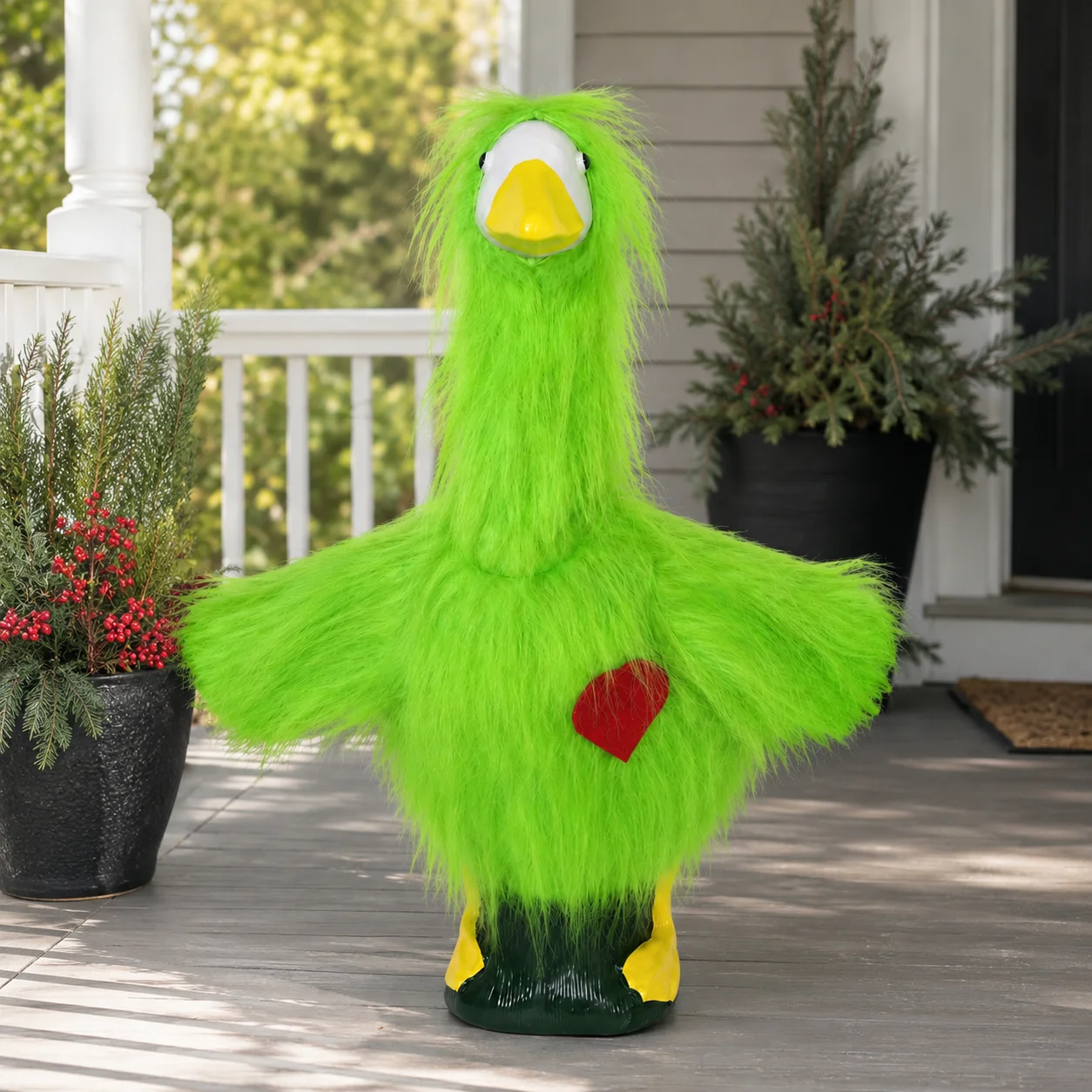 Green Furry Monster Porch Goose Costume with Heart Accent, Fits 23-Inch Garden Goose Statue, Christmas Yard Decor, Outfit Only