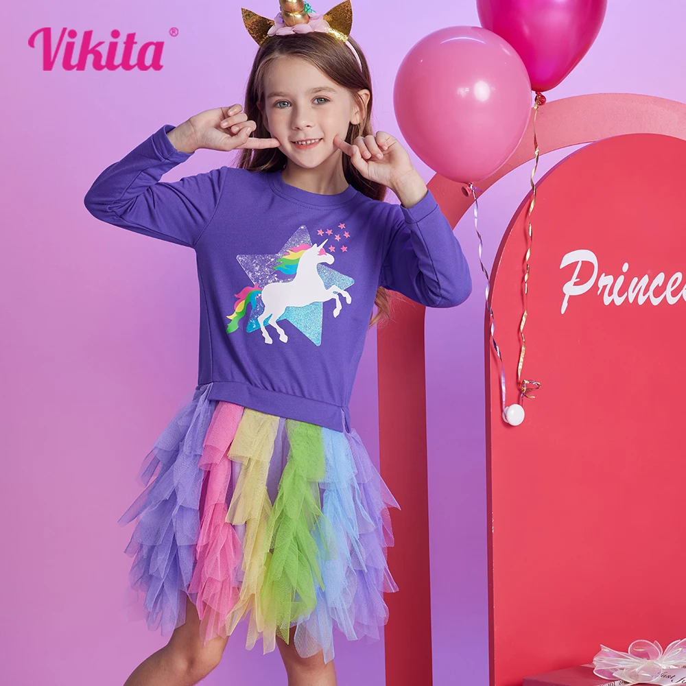 VIKITA Girls Patchwork Dress Kids Unicorn Print Vestidos Kids Sweatshirt Dress Girls Tutu Tulle Mesh Layered Princess Dresses