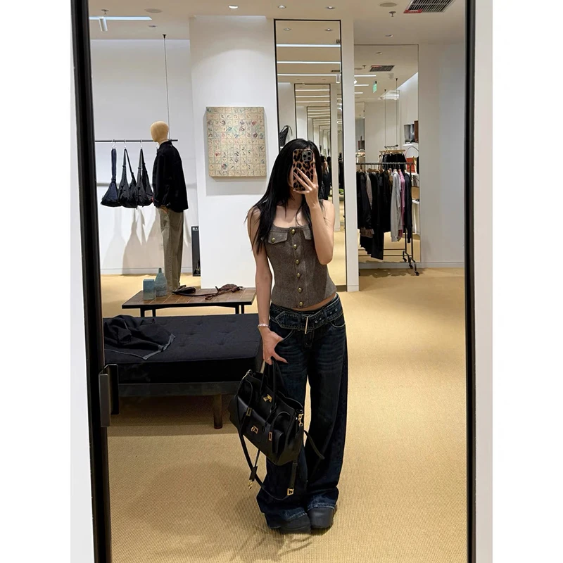 ZHIZOU جينز نسائي أزرق فضفاض Y2k 2000s نمط جمالي سروال جينز منخفض الخصر عتيق هاراجوكو بنطلون جينز كبير الحجم للخريف