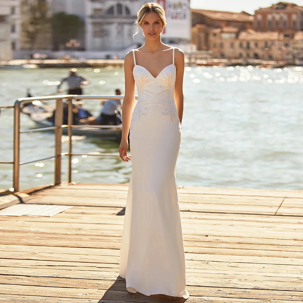 

Simple Sheath Jersey Wedding Dress for Brides 2024 Appliques Sequined Brush Train Sleeveless Spaghetti Straps Bridal Dress