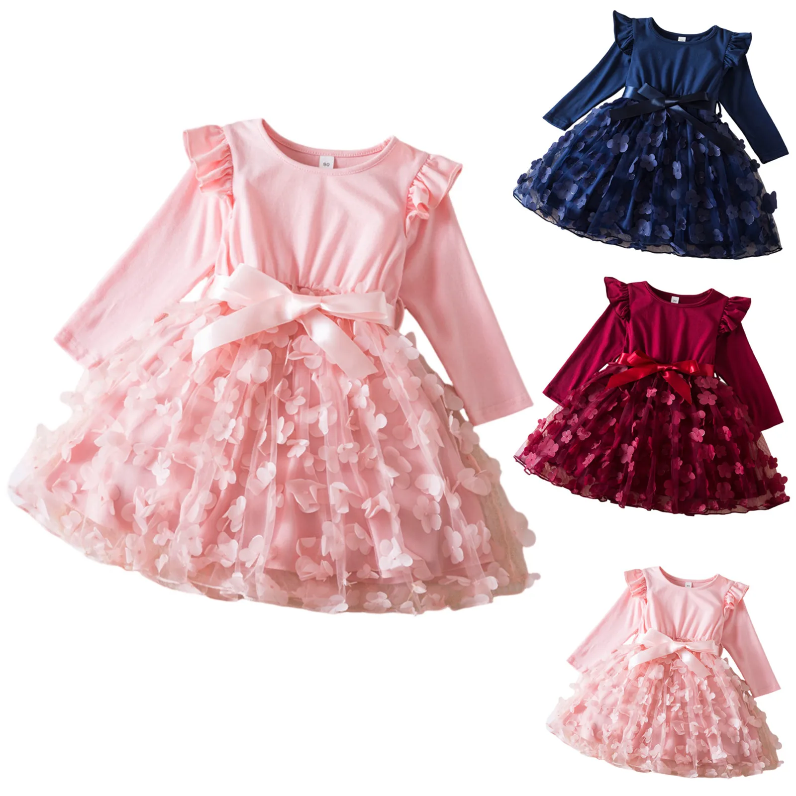 شعبية الفتيات أزياء لطيف طويلة الأكمام زهرة فستان الأميرة الشتاء أداء التخرج الملابس تصميم بسيط فستان عيد ميلاد