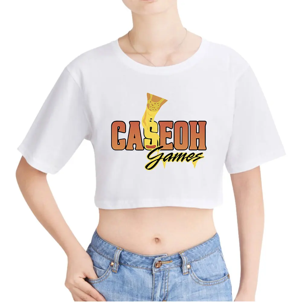 CaseohGame Vintage 90s Crop Top Exposed Navel T-Shirt Oversize O-Neck Tops Women Funny Tshirt Top