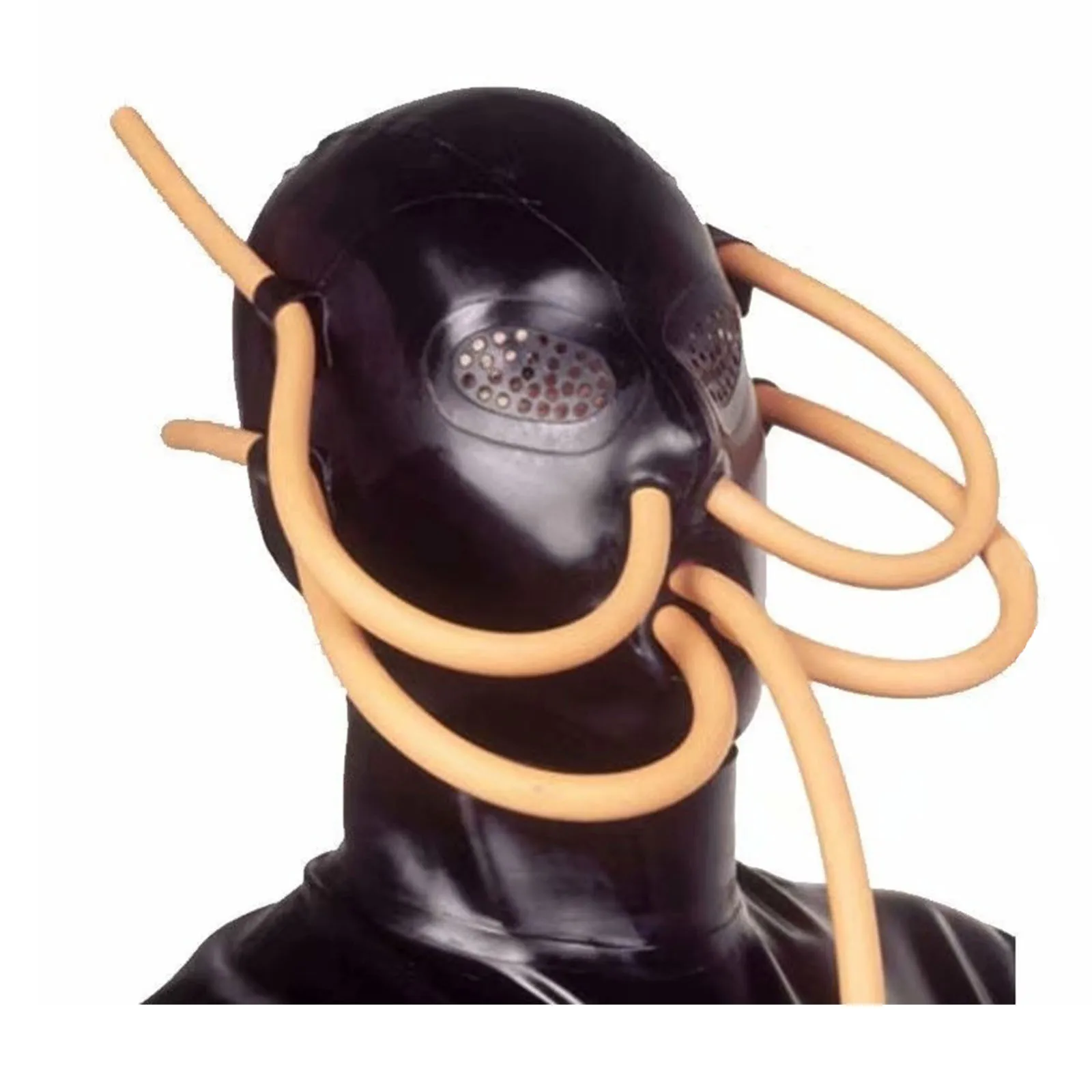 

MONNIK Latex Hood Mask Eyes Honeycomb Open with Five Air Pipes Handmade for Latex Bodysuit Fetish Party Clubwear