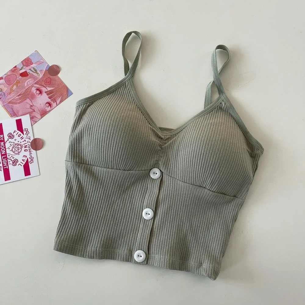 Basic Sweet Slim Crop Top Spicy Girls Style Bottoming Shirt Women's Short Vest Button V-neck Sleeveless Top Spring and Summer