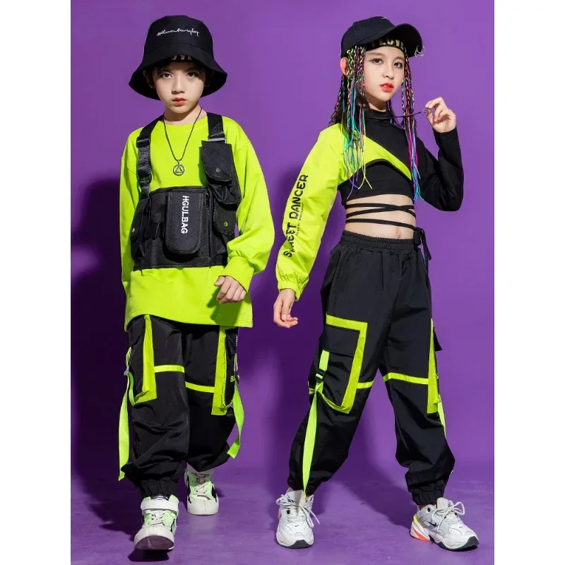 Kid Kpop Hip Hop Clothing Sweatshirt Crop Top Streetwear Tactical Cargo Jogger Pants for Girls Boys Jazz Dance Costume Clothes