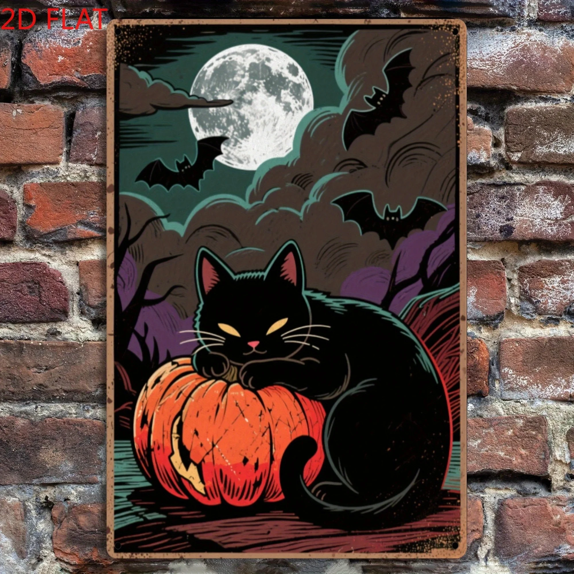 Halloween Metal Wall Decor - Black Cat and Pumpkin Gothic Decor - Heavy Duty Iron Art Horror Sign for Indoor/Outdoor - Halloween