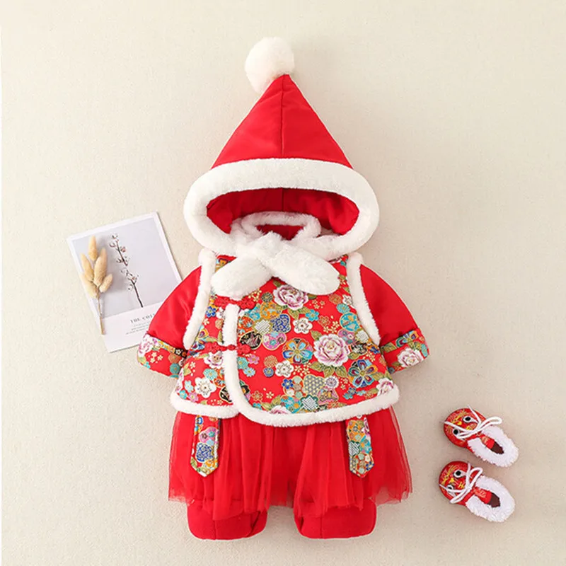 

2023 New Year Baby Clothes 3M-24M Infant Hoddies Jumpsuit Hat+Vest +Dress 3 pcs Red Tangsuit Vintage Romper For Kids Boys Gilrs