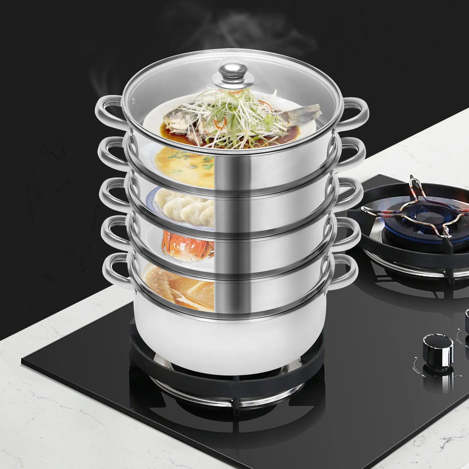 

5-Tier Stainless Steel Steamer High Temp Resistant Meat Vegetable Cooking Steam Pot Kitchen Tool W/ Steaming Grids &Lid