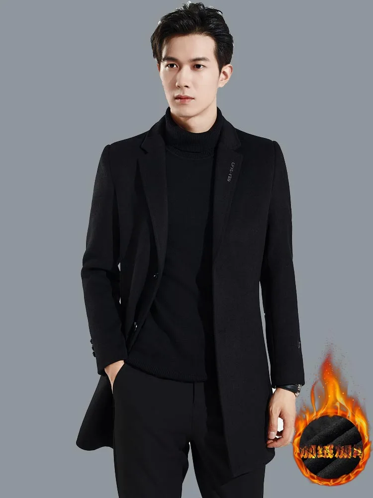 

Autumn Winter Thiened Men's Woolen Coat Casual High-end Busin Slim Fit Suit Jaet Mid-Length Classic Single-Breasted